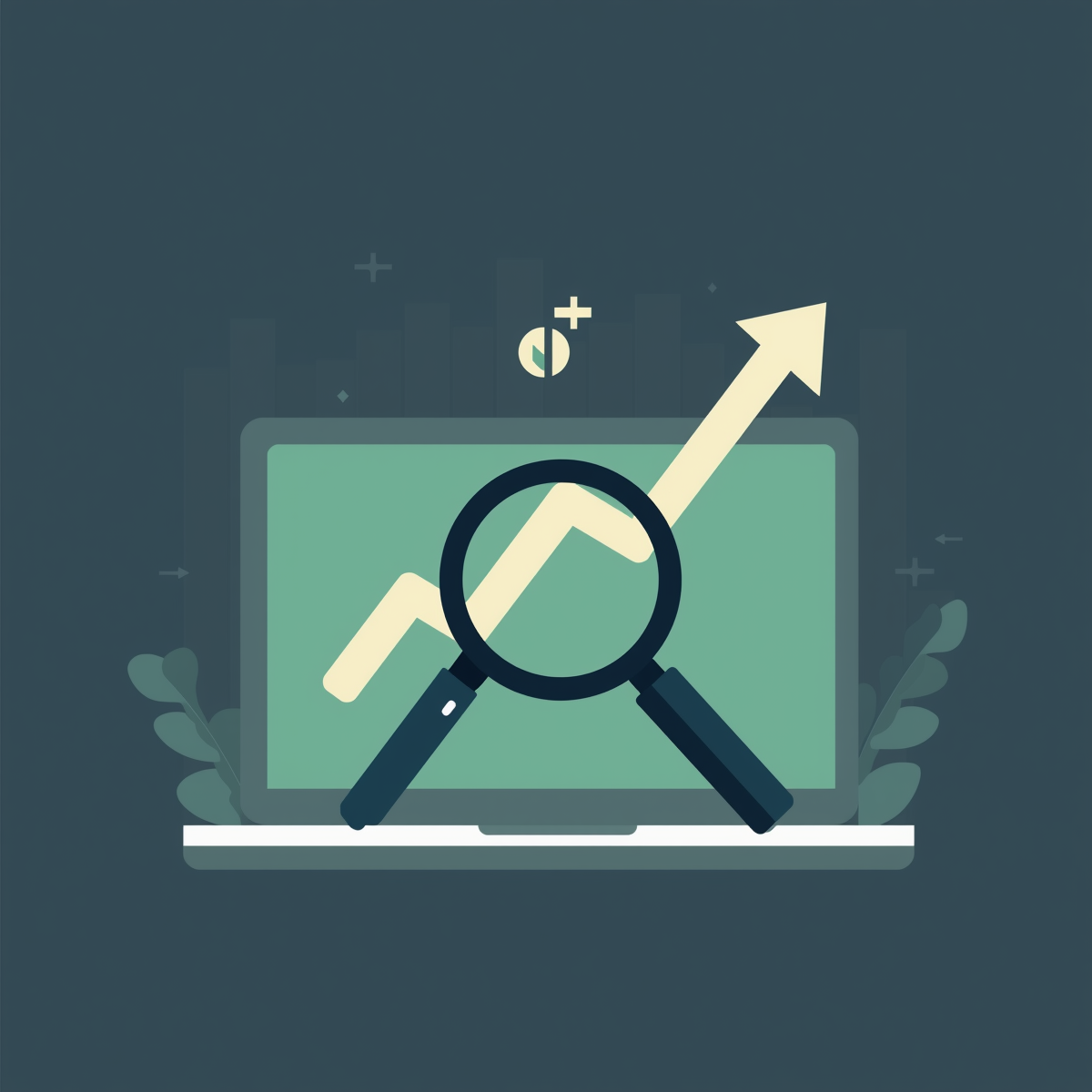 minimal flat illustration of seo concept, magnifying glass on laptop, upward graph, green and cream colors, simple geometric shapes, clean design (1)